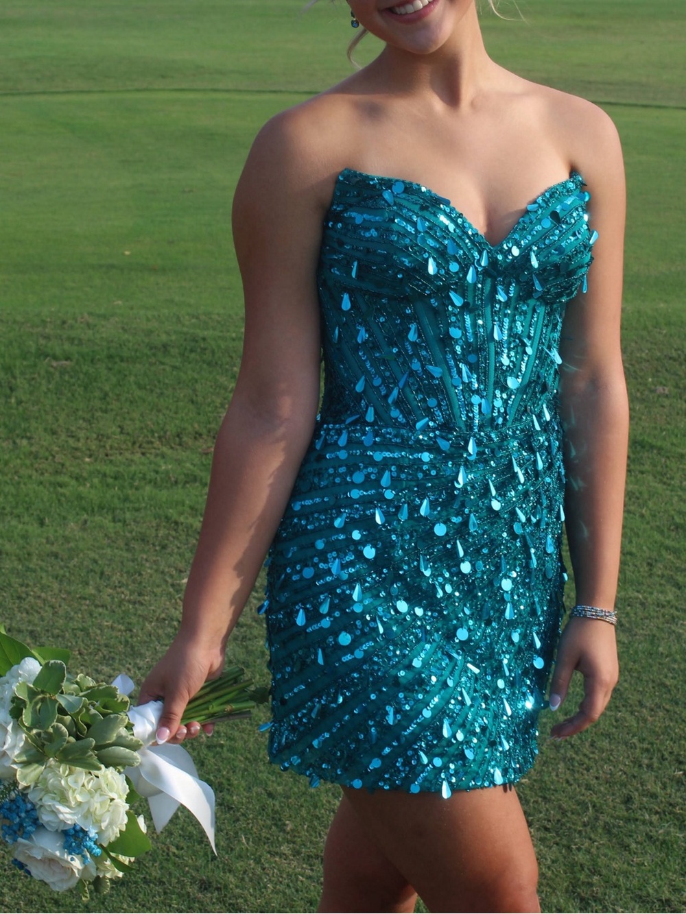 Sherri Hill Teal Sequined Strapless Sweetheart Mini Dress